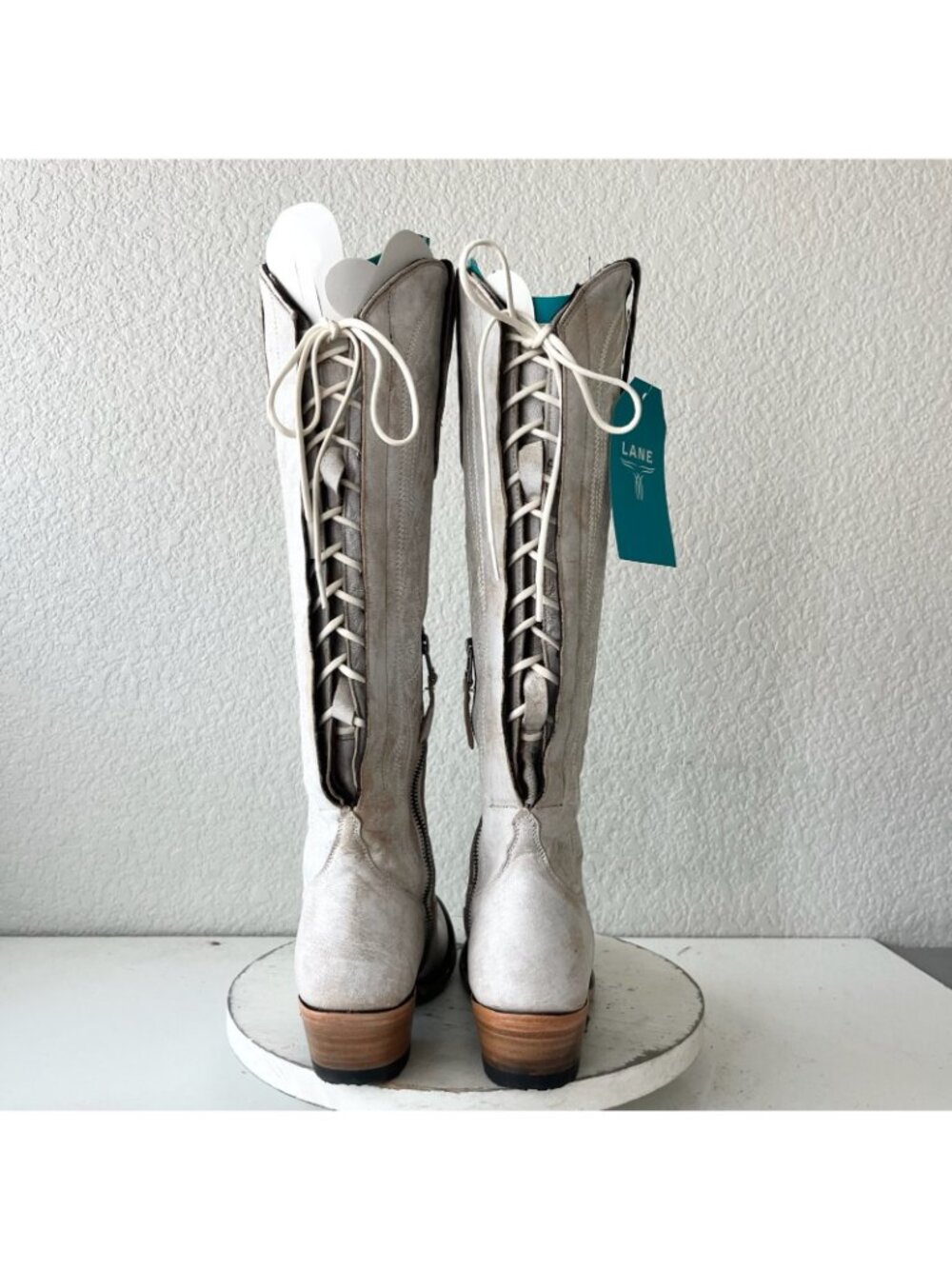 Lane MONICA Knee High White Cowboy Boots Womens 6.5 Western Cowgirl Lace Up Tall - Picture 3 of 11